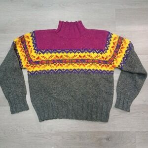 Y2K Express Tricot 100% Wool Pink Turtle Neck Fair Isle Snowflake Sweater Large